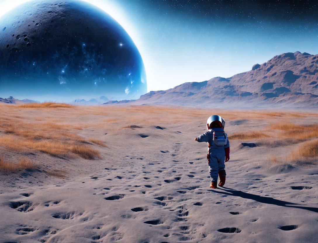 Barren alien landscape with dry grass and giant planet in sky