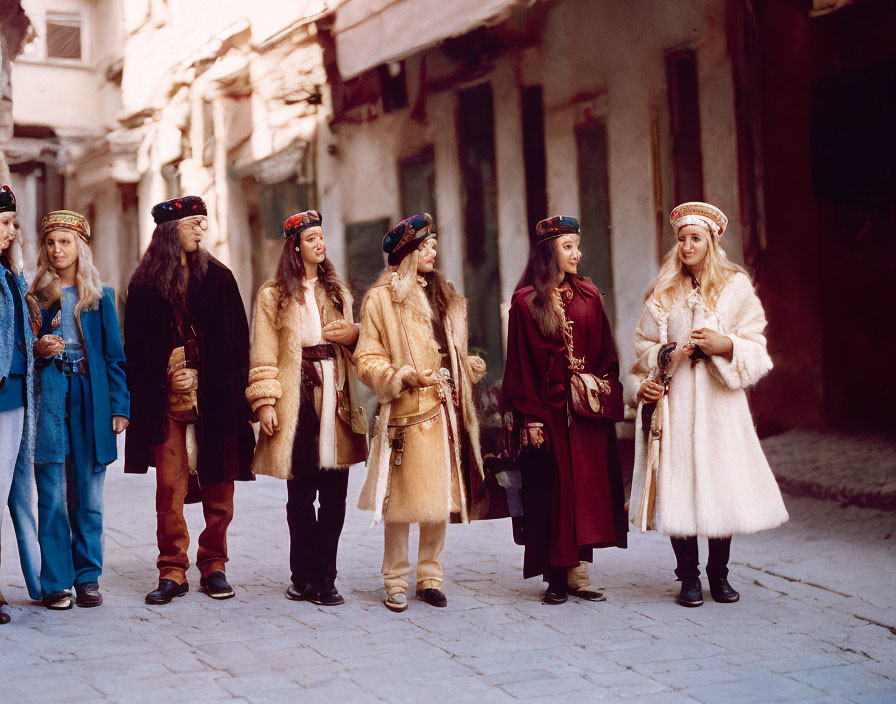 Traditional Central Asian Attire in Old Alley with Earthen Walls