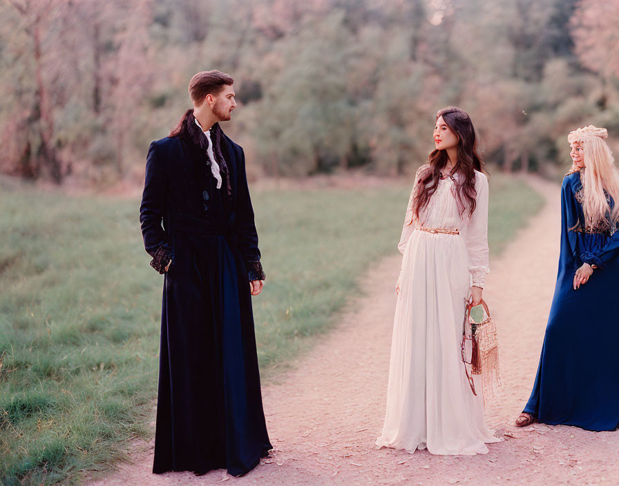 Three individuals in historical costumes in woodland clearing.