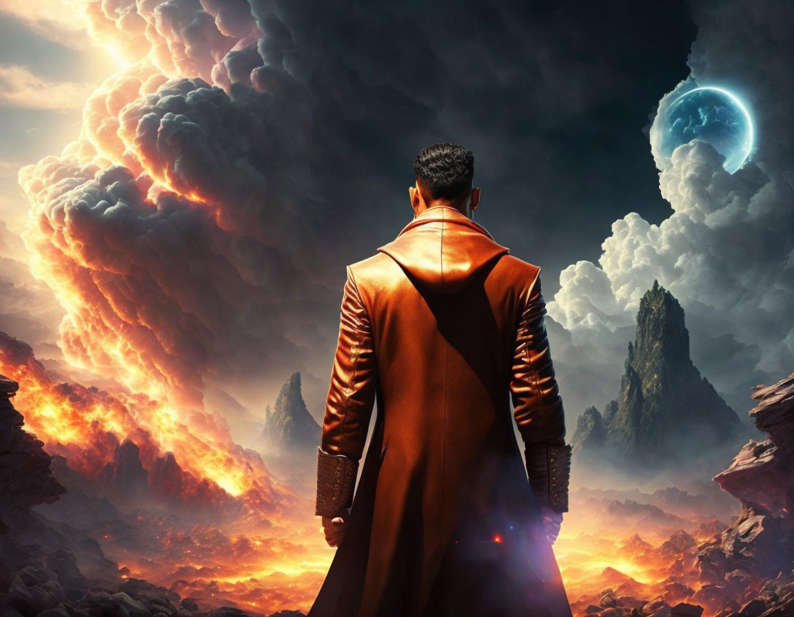 Man in leather jacket in apocalyptic landscape with fiery skies, floating rocks, surreal moon