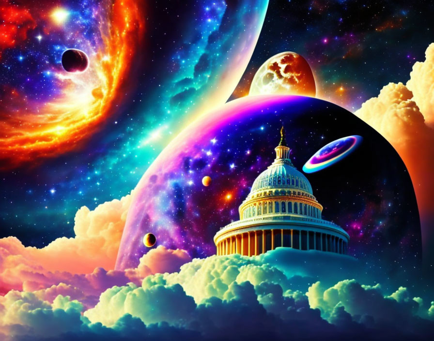 Colorful Cosmic Scene Featuring U.S. Capitol Building and Celestial Bodies