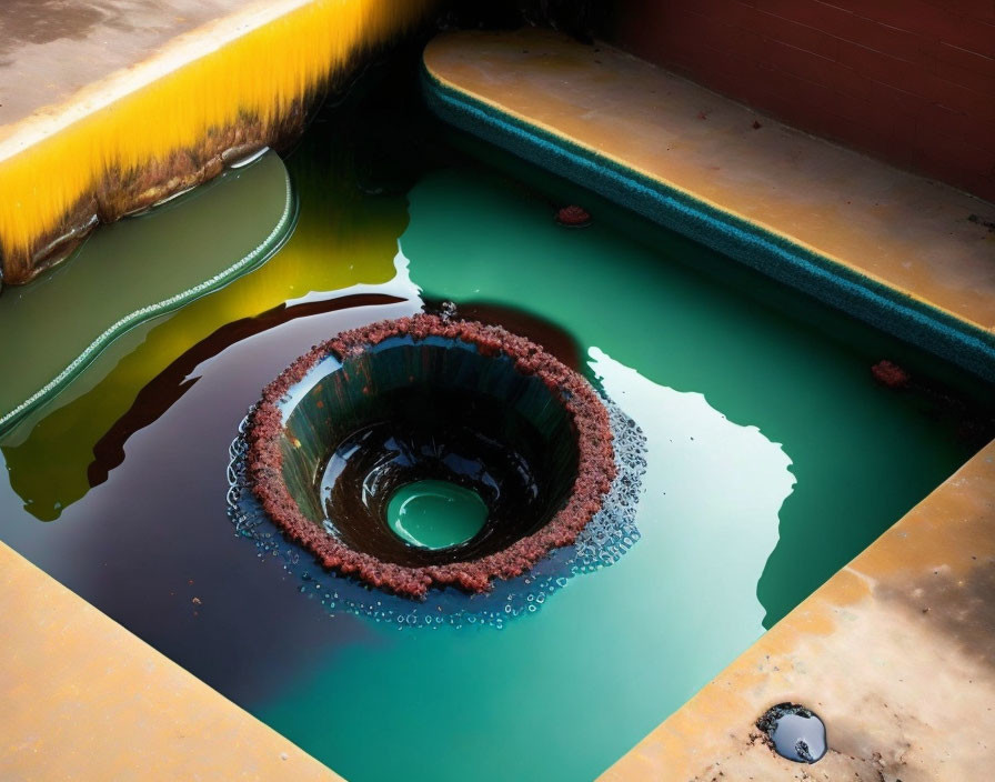 Circular Colorful Sinkhole in Pool with Algae and Orange-Yellow Borders