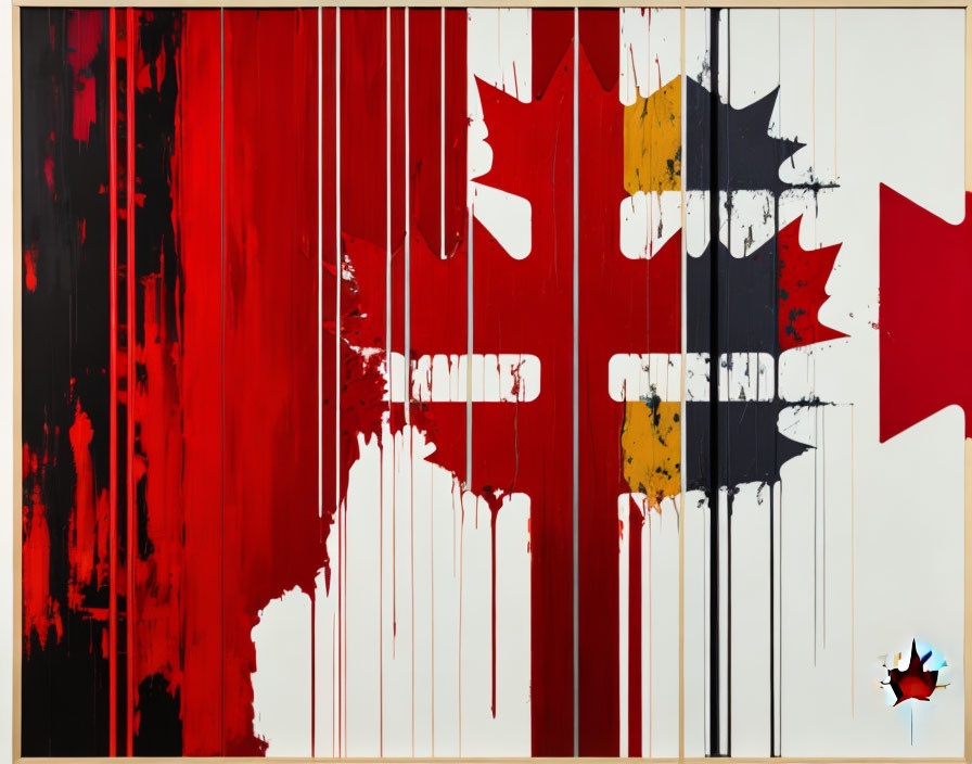 Abstract Canadian flag painting with red and white paint drips and maple leaf motif