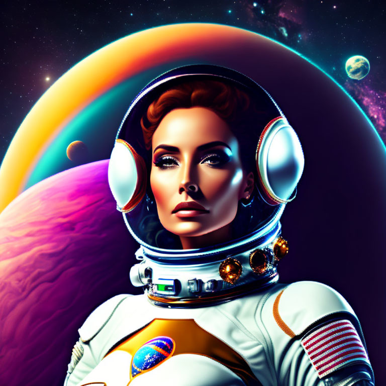 Female astronaut illustration with reflective helmet in cosmic setting