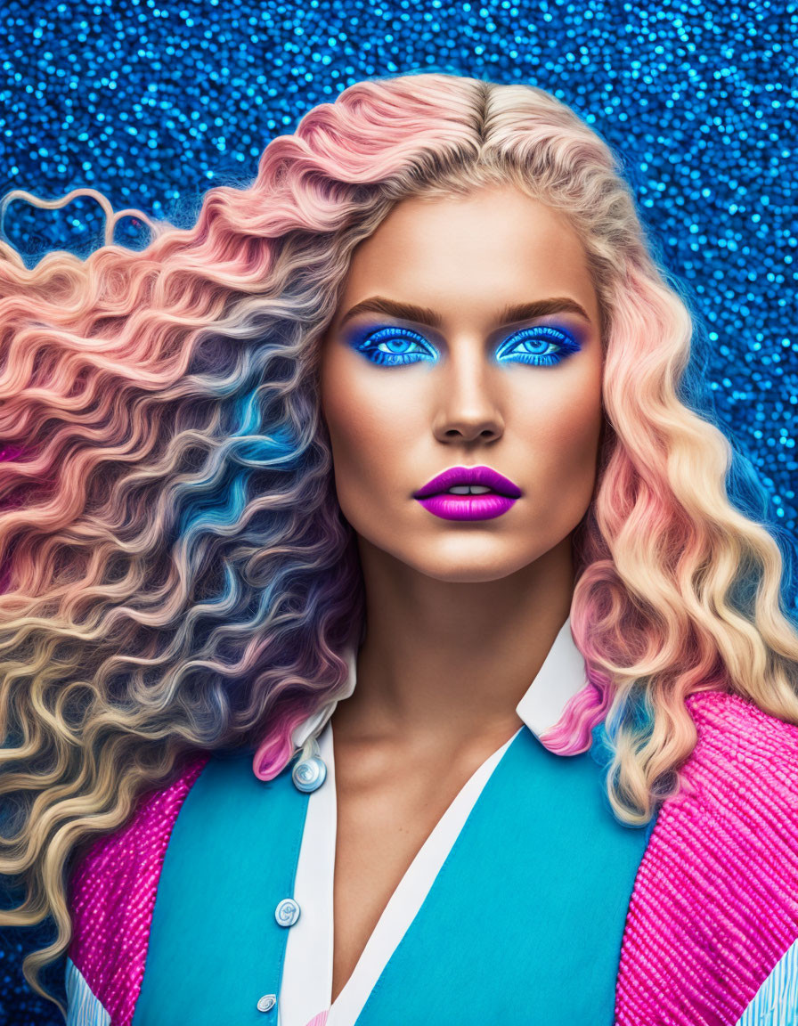 Colorful Woman with Pink and Blue Makeup and Wavy Hair on Glittery Blue Background