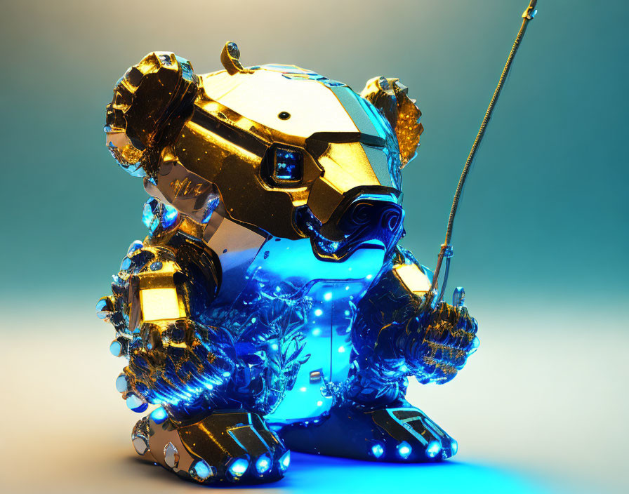 Shiny gold and blue robotic figure with fishbowl belly fishing rod on gradient background