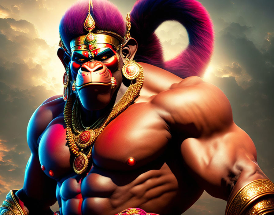 Muscular anthropomorphic monkey in vibrant colors with Indian jewelry against dramatic sky