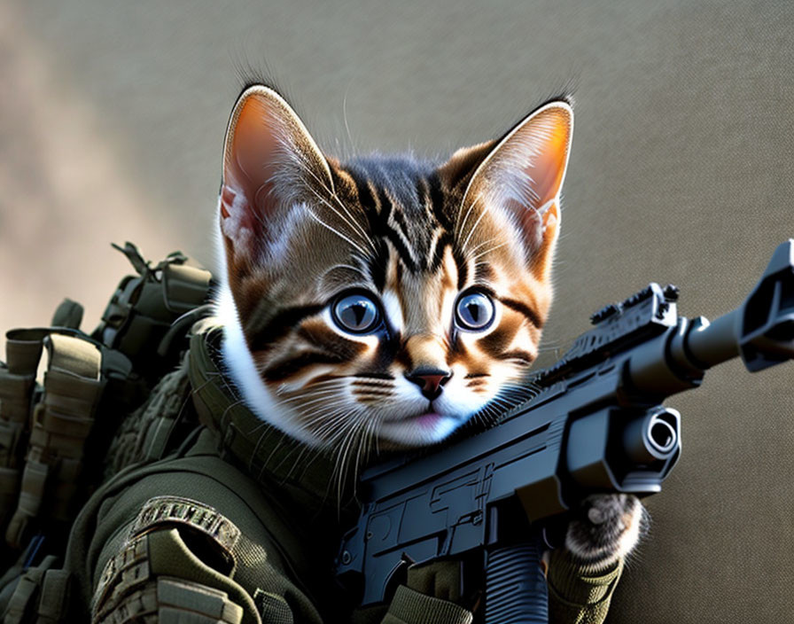 Digital artwork: Kitten with soldier's body and rifle, expressive eyes, camouflage background