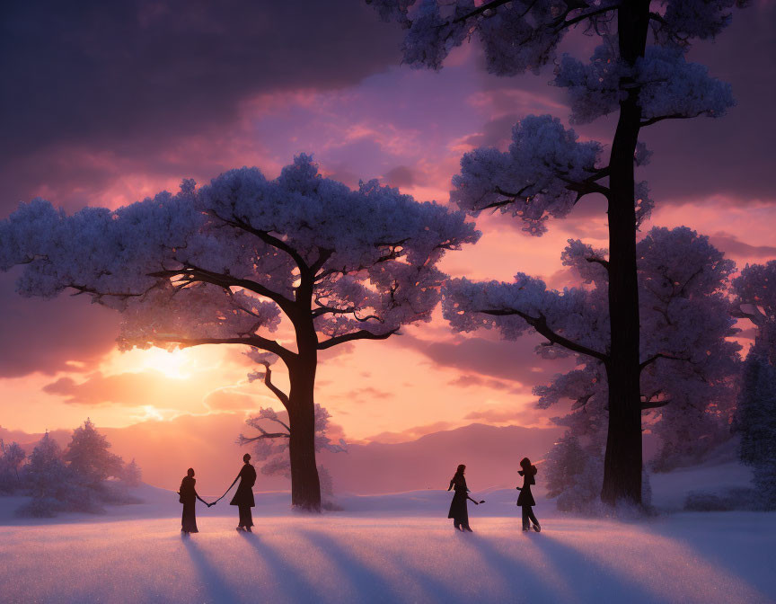 Three People Holding Hands in Snowy Sunset Landscape