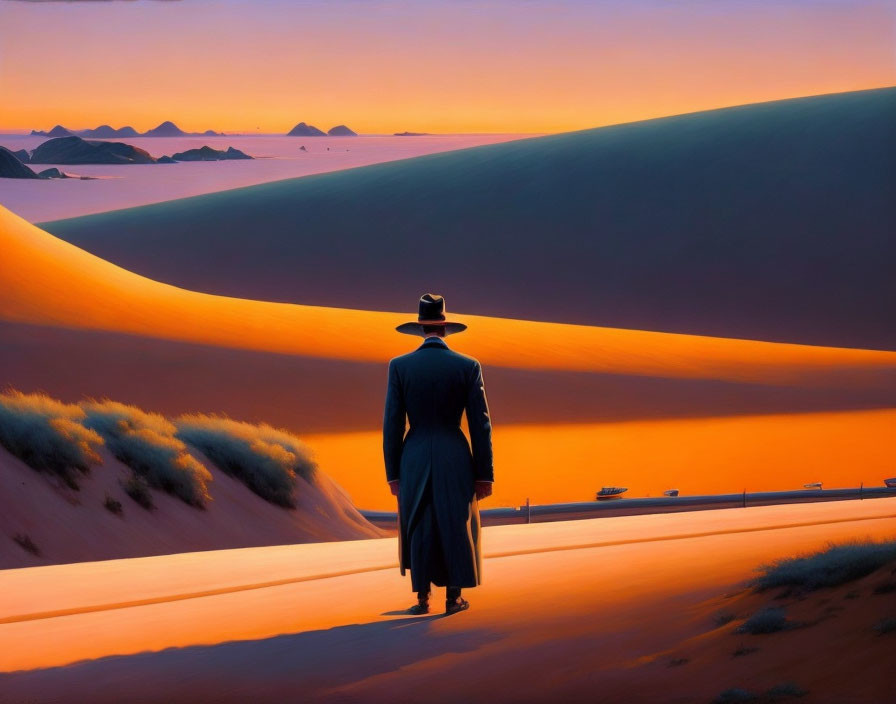 Person in Long Coat and Hat on Sand Dune at Sunset with Mountains