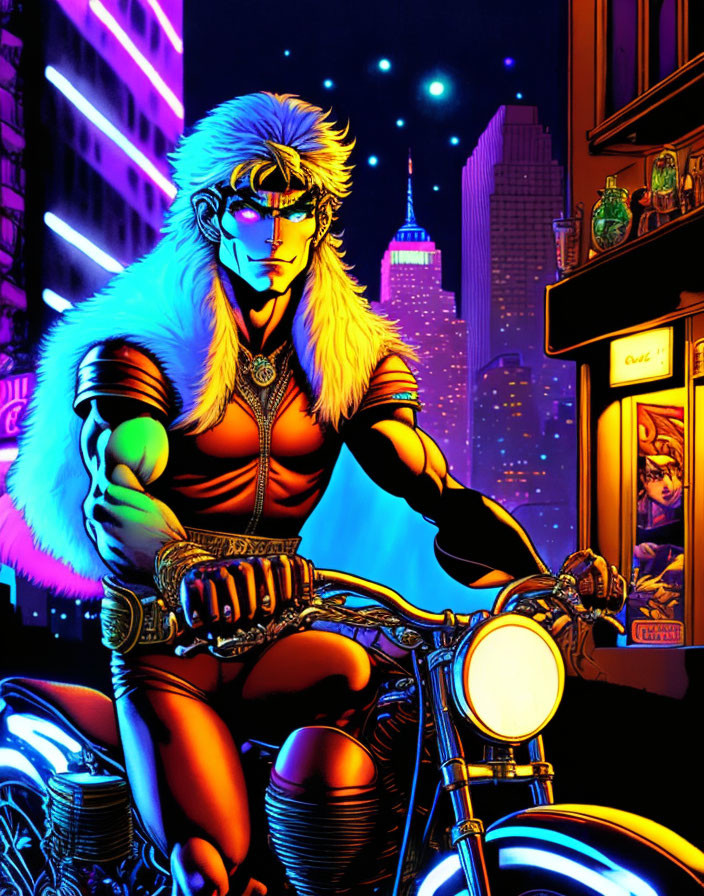 Muscular blond man in fur coat on motorcycle with neon city lights