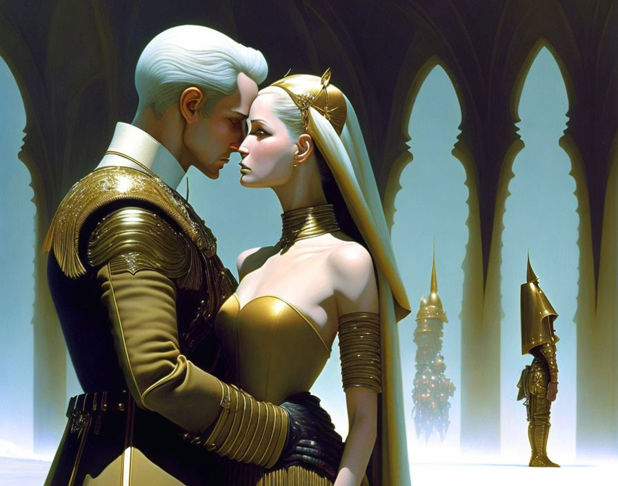 Futuristic animated characters embrace in romantic pose against architectural backdrop