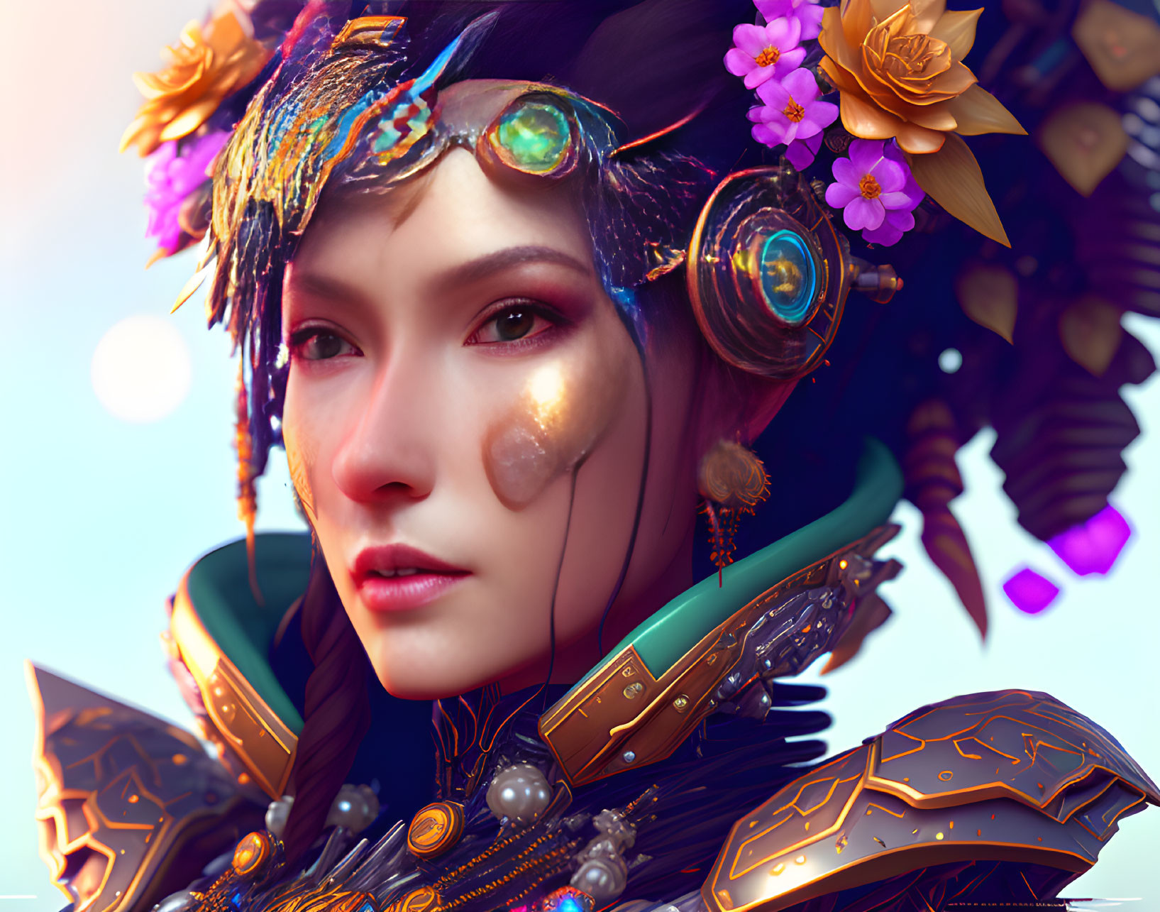 Colorful tribal-futuristic woman portrait with feathers, flowers, and jewelry