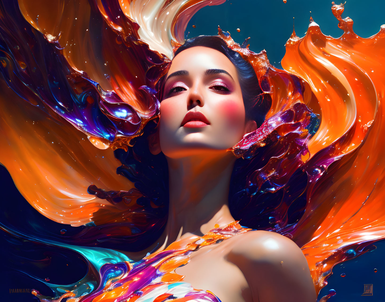 Colorful liquid paint swirls around woman on blue background