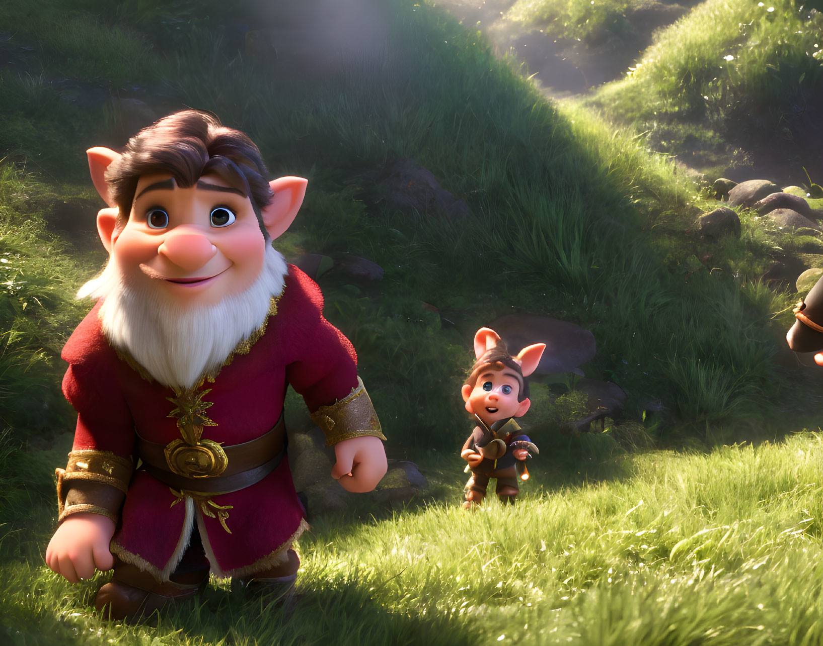 Animated gnomes in sunlit grassy landscape