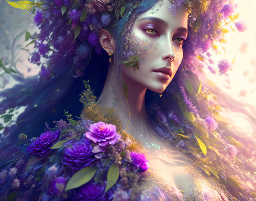 Fantasy Artwork: Female Figure with Floral Elements and Purple Hues