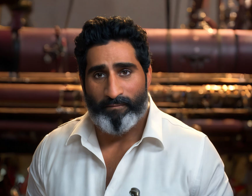 Serious man with dark hair and graying beard in white shirt indoors