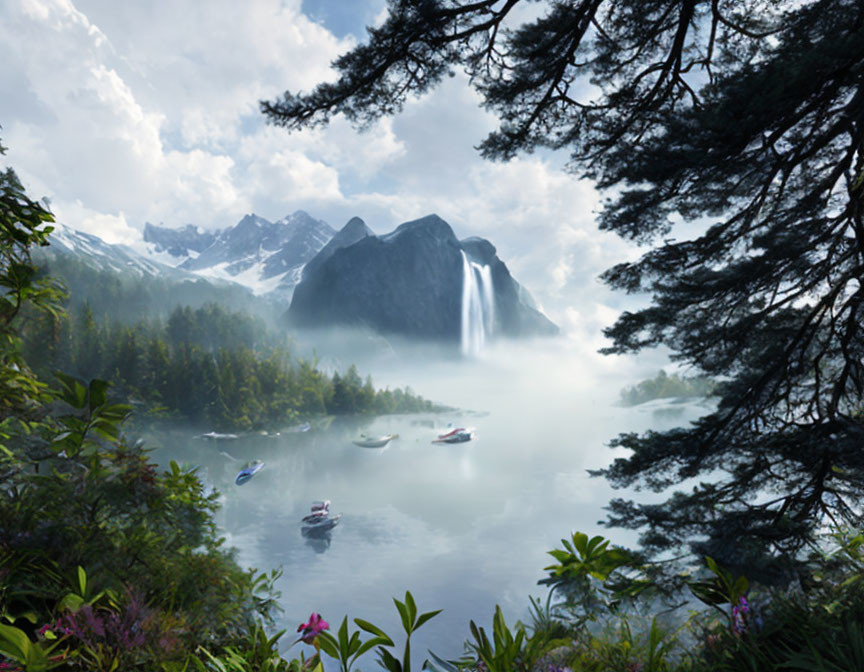 Mountain Lake Scene: Mist, Waterfall, Boats, Greenery, Snow Peaks