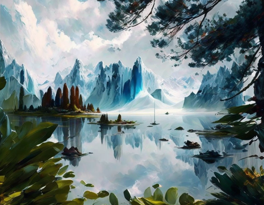 Tranquil mountain lake painting with icy peaks and sailboats