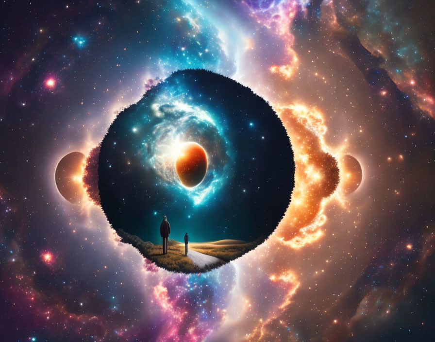 Surreal cosmic scene with person on path to colorful portal