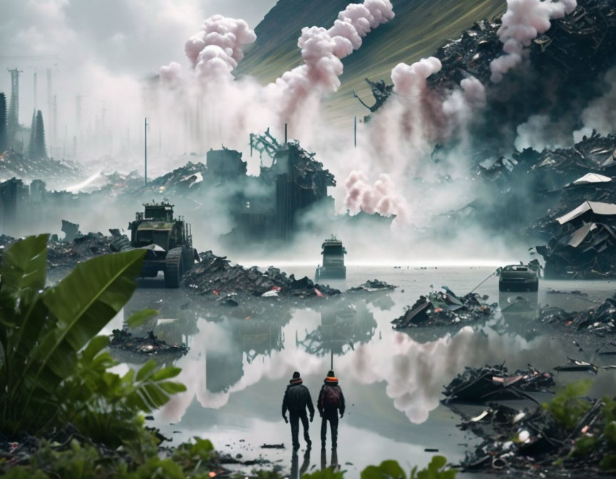 Two individuals walking in a dystopian industrial landscape.