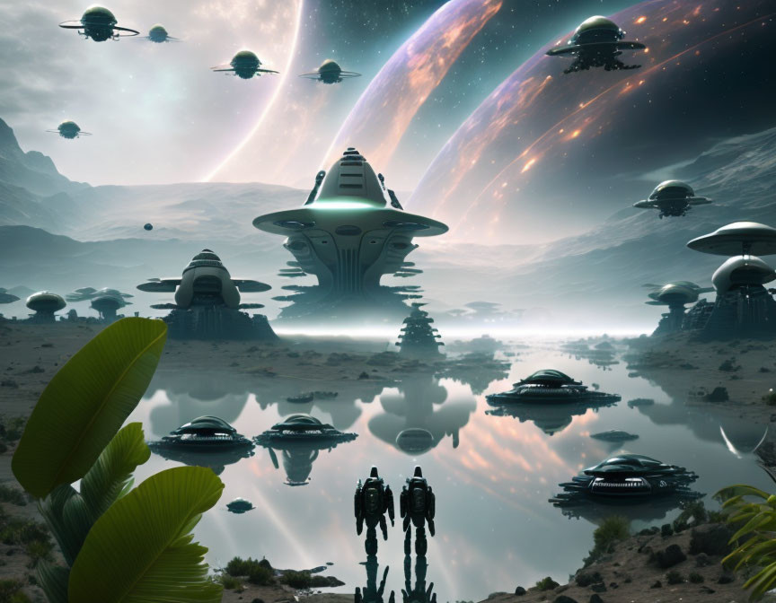 Futuristic sci-fi landscape with flying saucers, futuristic buildings, figures, mirror-like lake