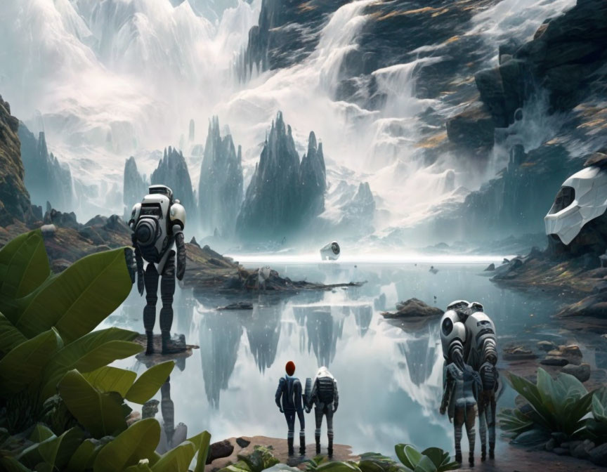 Explorers in Spacesuits on Alien Landscape with Waterfalls