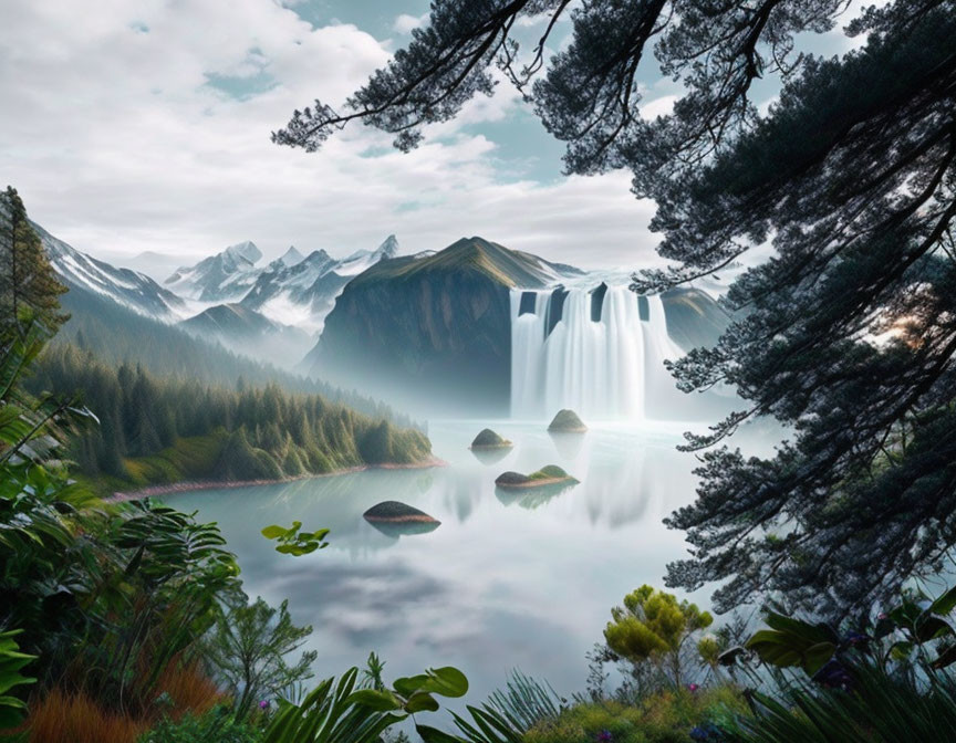 Tranquil landscape: waterfall, misty lake, lush greenery, mountains, cloudy sky