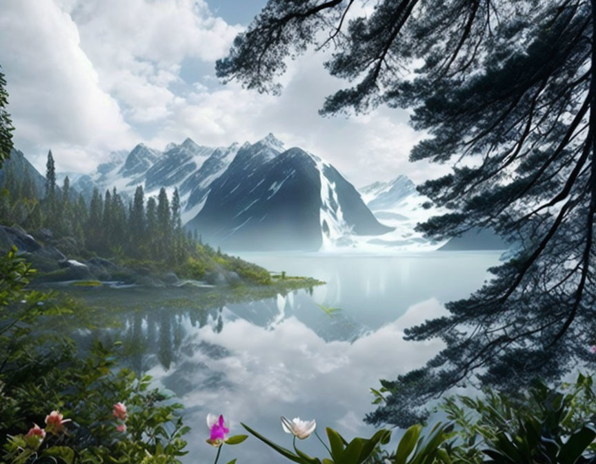 Snow-capped mountains reflected in crystal-clear lake amid lush greenery