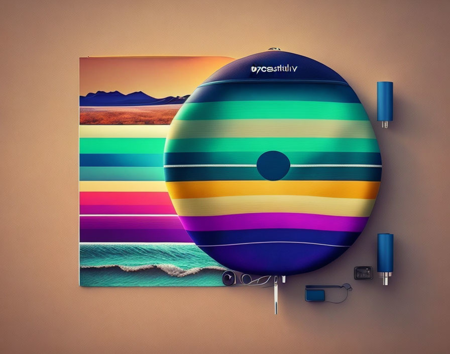 Colorful Striped Round Speaker and Sunset Poster Wall Display