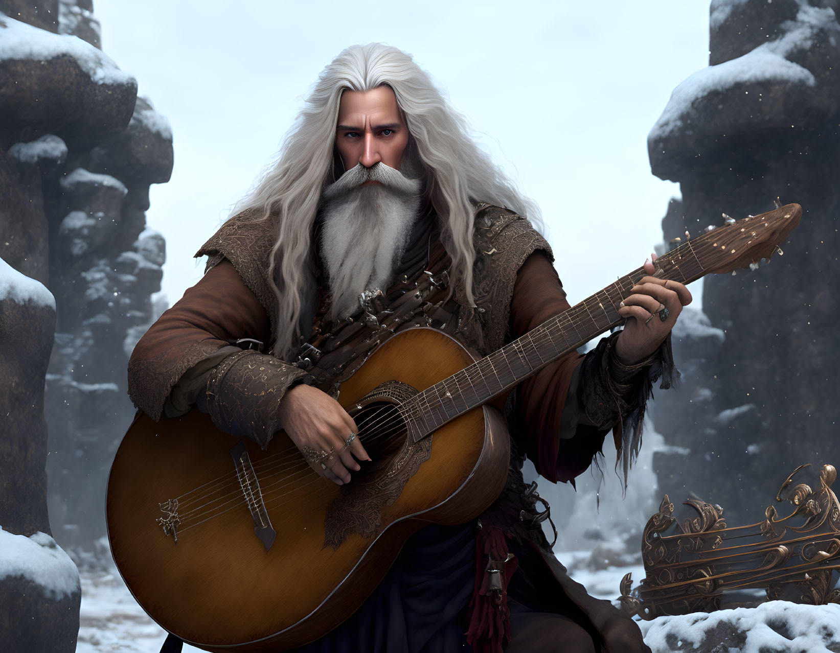 Elderly Fantasy Character Playing Lute in Wintry Scene