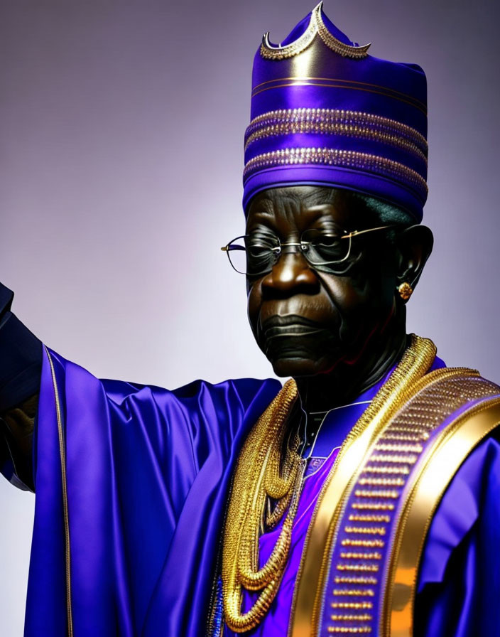 Elderly person in African royal attire with hat and glasses on gradient background