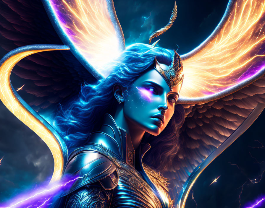 Female warrior with glowing blue skin and luminous wings against stormy sky