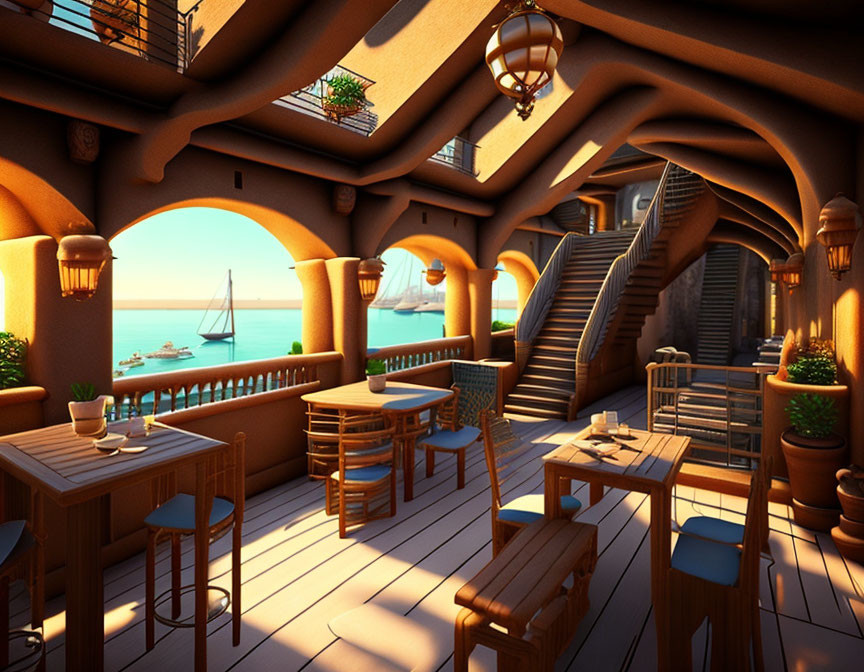 Coastal dining terrace with wooden furniture and ocean view.