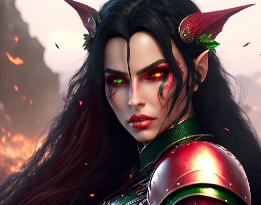 Female fantasy character with red glowing eyes, pointed ears, and horns in fiery setting