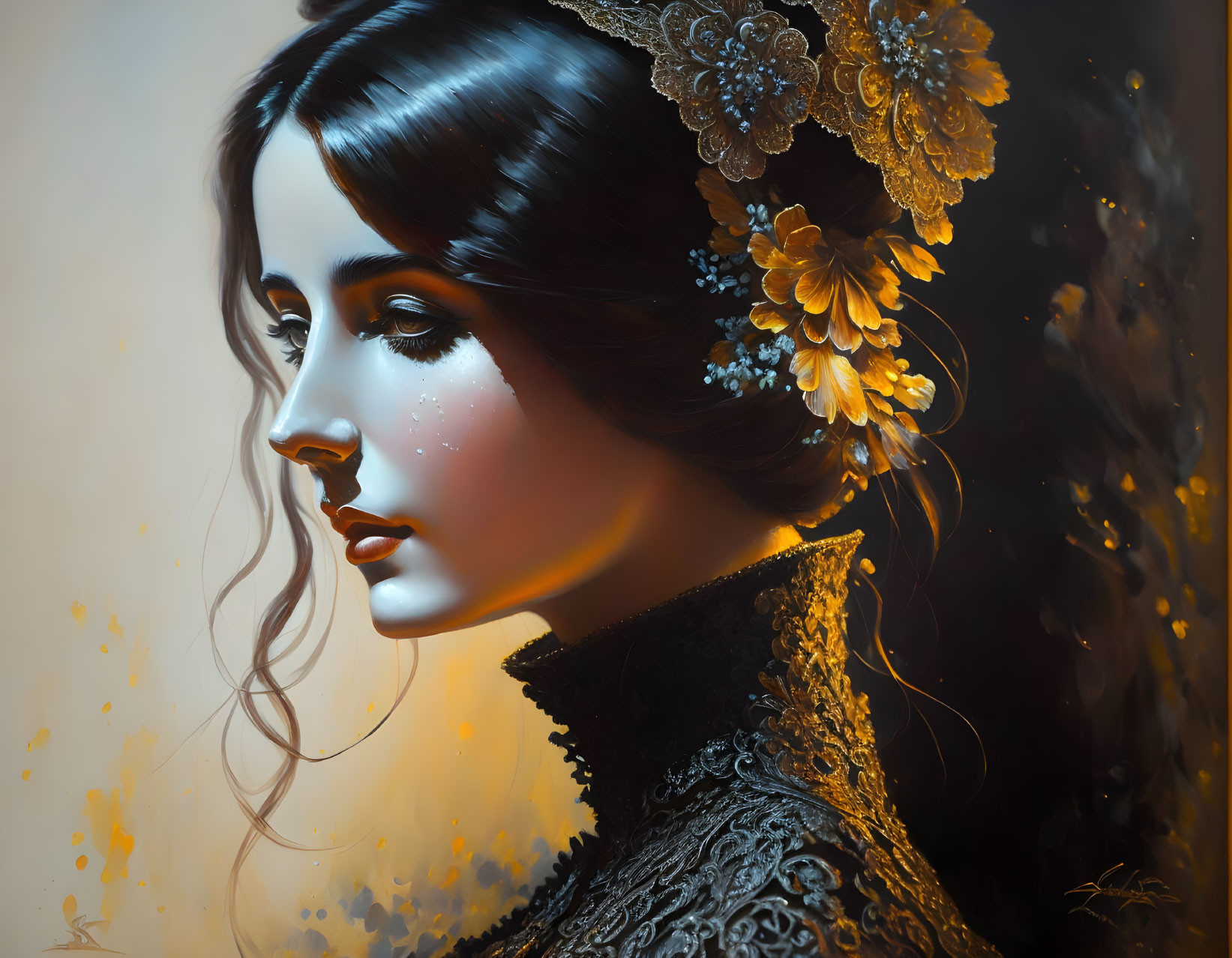 Dark-haired woman with golden floral accessories in digital artwork