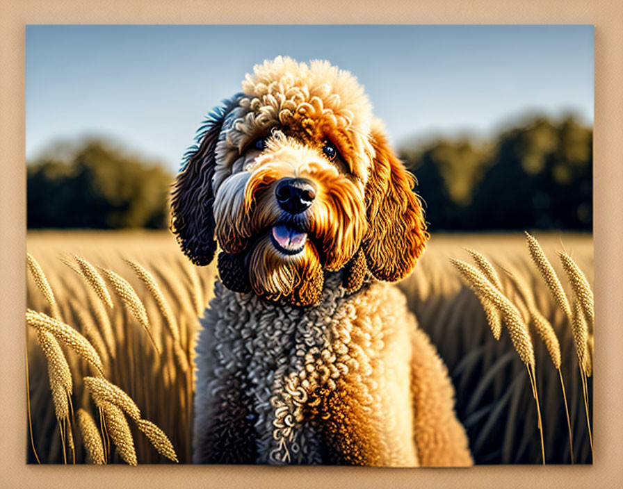 Curly-Haired Dog in Golden Wheat Field with Sunlight Accentuating Fluffy Fur