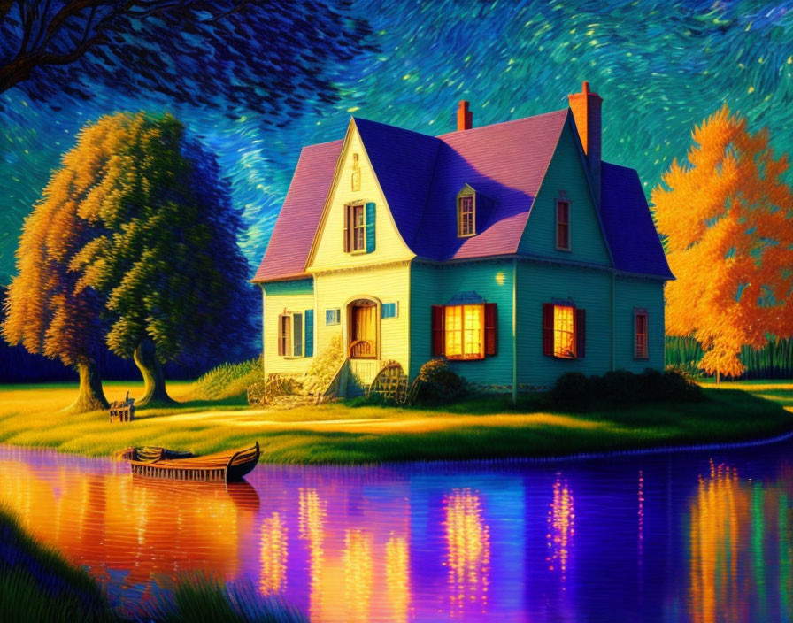 Twilight scene: Vibrant painting of cozy blue house by river