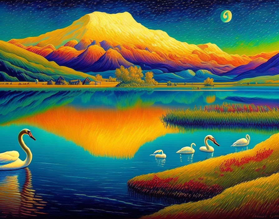 Serene lake, swans, hills, snow-capped mountain under twilight sky