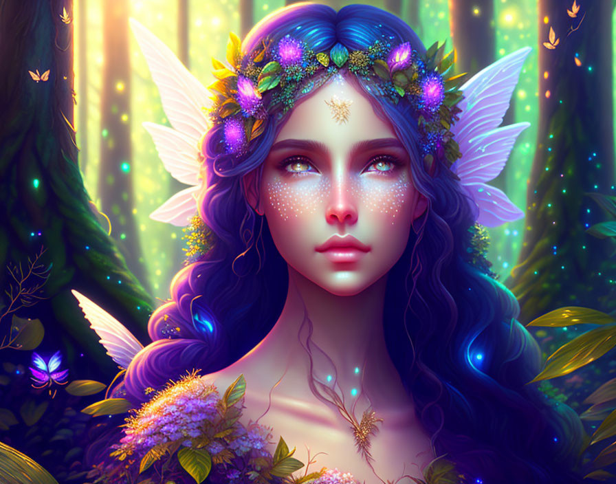 Mythical fairy with blue hair in enchanted forest