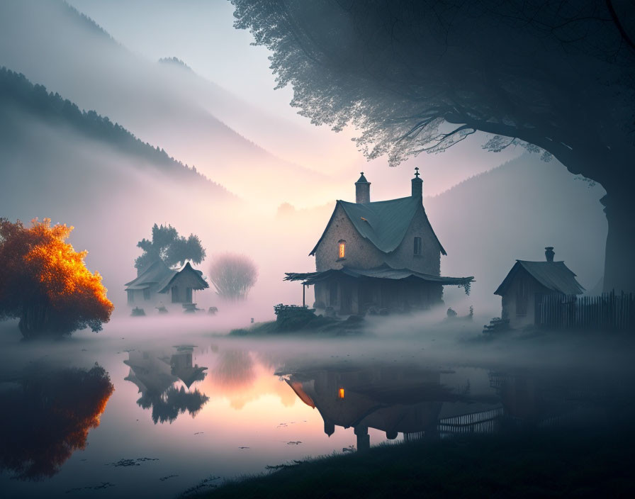 Misty village with rustic houses, reflective lake, and dawn light