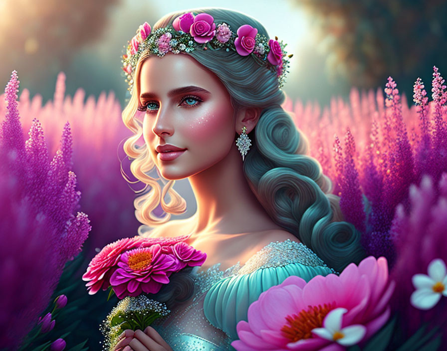 Digital artwork of woman with long wavy hair in floral crown among vibrant pink flowers