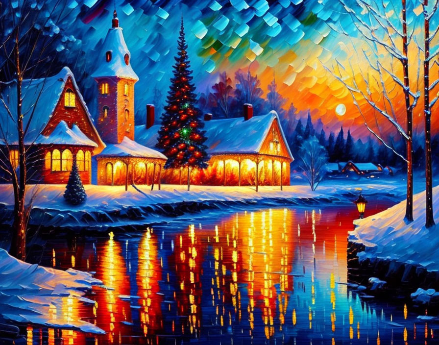 Snowy Evening Scene: Cottage, Church, River Sunset