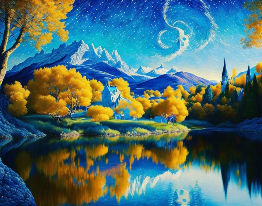 Autumn landscape painting with blue lake, church, and starry sky