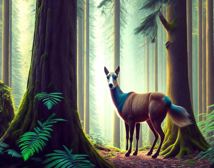 Antelope in magical forest with sunlight through trees