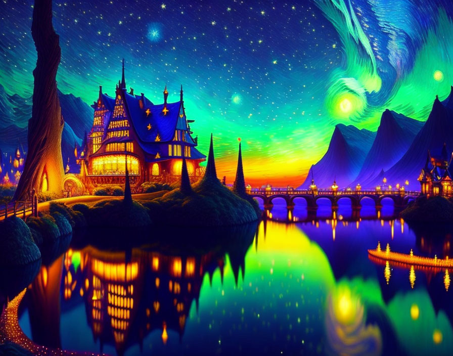 Fantasy landscape with illuminated castle, starry sky, aurora lights, mountains