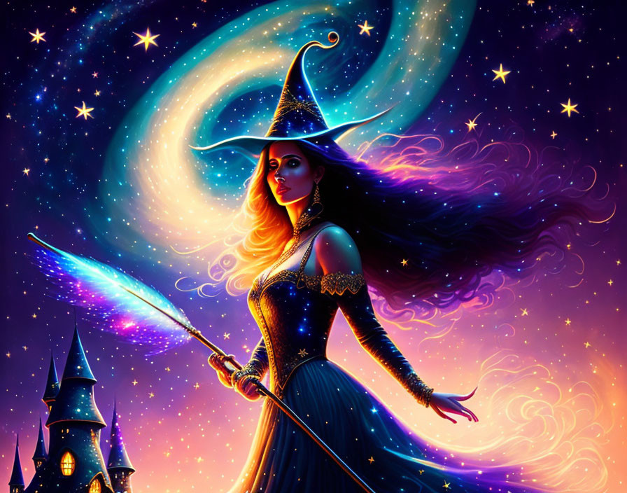 Mystical witch with pointed hat and magic wand under starry sky