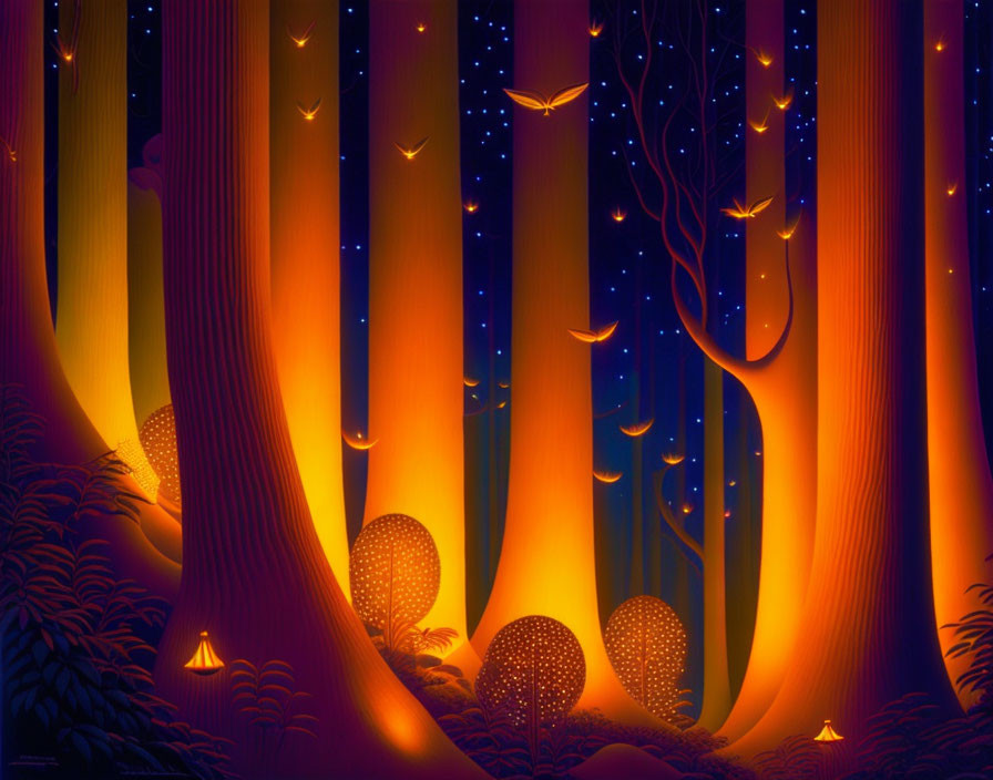 Illustrated night forest scene with glowing orange light and starry sky