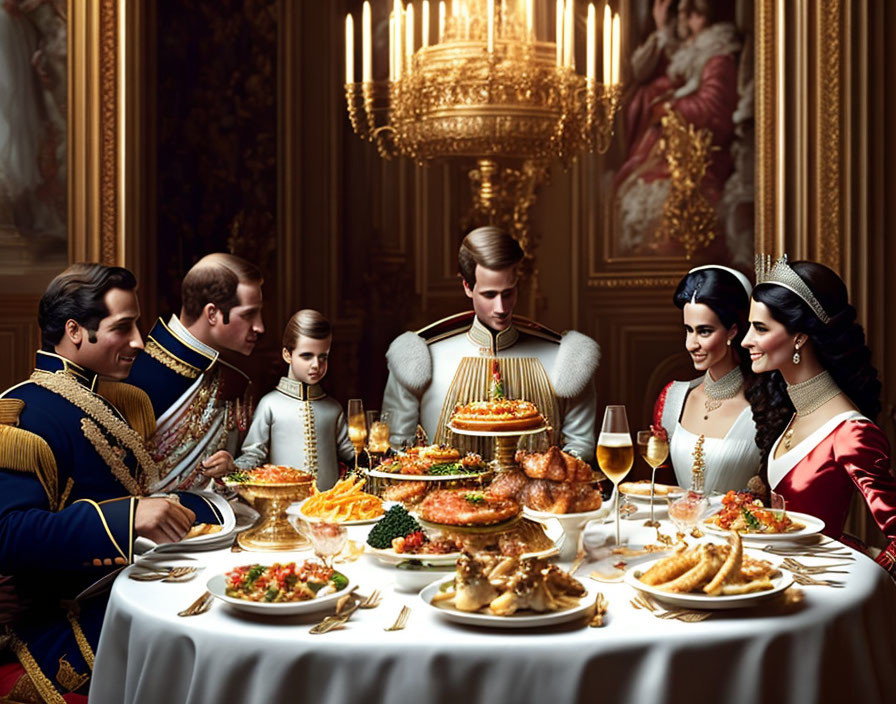 Opulent dinner scene with elegantly dressed individuals and lavish dishes