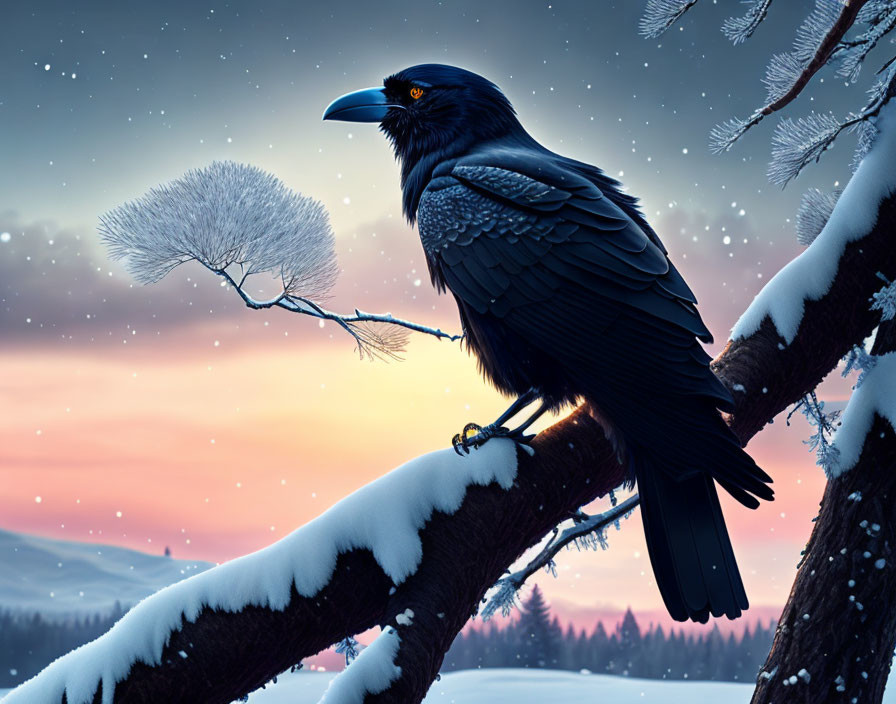 Raven holding plant on snow-covered branch in twilight scene